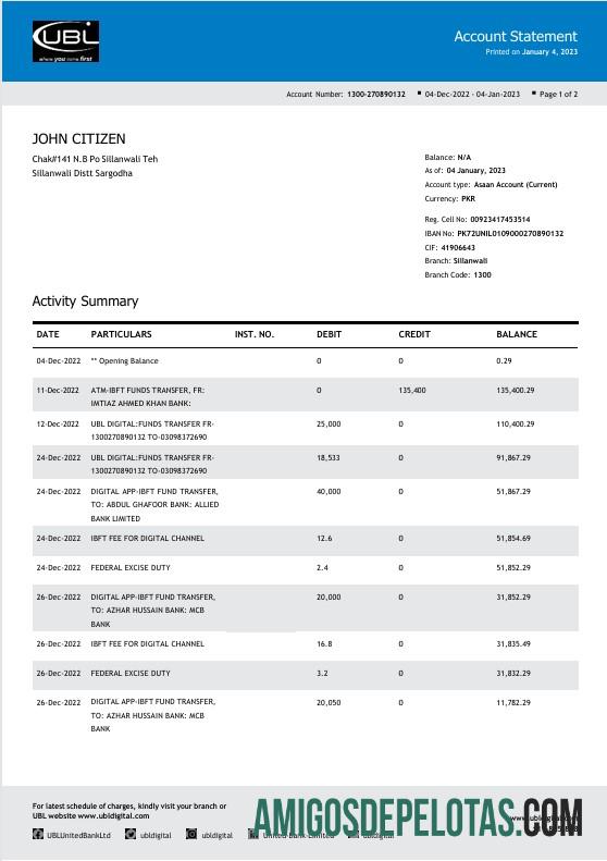 em branco Paquistão UBL Extrato bancário modelo Word e PDF, 2 páginas
